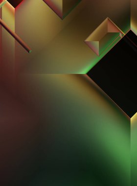 Geometrik dinamik şekiller. Gölgeli teknoloji dijital şablonu ve gradyan arka planda ışıklar. Modern basit geometrik renk gradyanı soyut arkaplan. 3B illüstrasyon. 