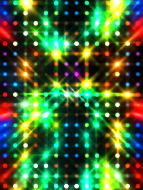 Parlayan ışıklar siyah arka planda parti izleri. Sahne veya stadyum ışıklarının dijital illüstrasyonu. Parlak desenli duvar kağıdı. Sahne ışıkları ile renkli ışıkların ihtişamlı arkaplanı.