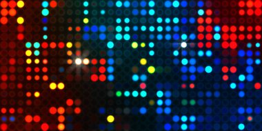 Parlak desenli duvar kağıdı. Sahne ışıkları olan renkli ışıkların ihtişamlı arkaplanı. Parlayan ışıklar siyah arka planda parti izleri. Sahne veya stadyum ışıklarının dijital illüstrasyonu. 