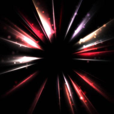 Işık huzmeleri ve parlayan parçacıkların kesiştiği güzel bir zemin. Canlı renkli ışıkların duvar kâğıdı. Parlak ışık görüntüsü.