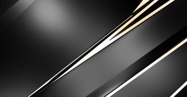 Metin için kopyalama alanı olan soyut siyah paneller. Üç boyutlu illüstrasyon. Renkli ışık özellikli koyu renk tasarım şablonu. Zarif geometrik parlak çizgili arka plan. Minimalist geometrik kapak grafiği.