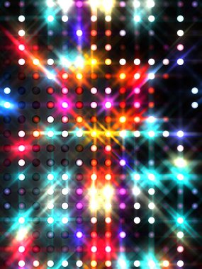 Parlayan ışıklar siyah arka planda parti izleri. Sahne veya stadyum ışıklarının dijital illüstrasyonu. Parlak desenli duvar kağıdı. Sahne ışıkları ile renkli ışıkların ihtişamlı arkaplanı.