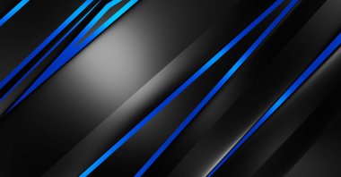 Metin için kopyalama alanı olan soyut siyah paneller. Üç boyutlu illüstrasyon. Renkli ışık özellikli koyu renk tasarım şablonu. Zarif geometrik parlak çizgili arka plan. Minimalist geometrik kapak grafiği.