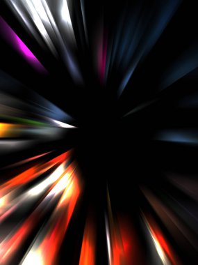 Siyah arkaplanda izole edilmiş dinamik ışık ışınları. Parlayan renkli ışık parçacıklarının grafiksel 2d çizimi.