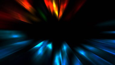 Siyah arkaplanda izole edilmiş dinamik ışık ışınları. Parlayan renkli ışık parçacıklarının grafiksel 2d çizimi.