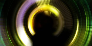 Parlayan neon ışıkları. Parlak sunum tasarım şablonu. Fotoğraf makinesi konsepti. Soyut arkaplan. Dönen ışık ışınları. Hareketli kavramsal duvar kağıdı. Grafik dijital illüstrasyon. 