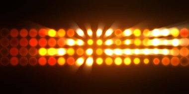 Parlak desenli duvar kağıdı. Sahne ışıkları olan renkli ışıkların ihtişamlı arkaplanı. Parlayan ışıklar siyah arka planda parti izleri. Sahne veya stadyum ışıklarının dijital illüstrasyonu. 