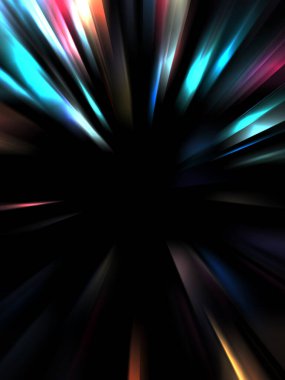 Siyah arkaplanda izole edilmiş dinamik ışık ışınları. Parlayan renkli ışık parçacıklarının grafiksel 2d çizimi.