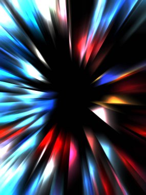 Siyah arkaplanda izole edilmiş dinamik ışık ışınları. Parlayan renkli ışık parçacıklarının grafiksel 2d çizimi.