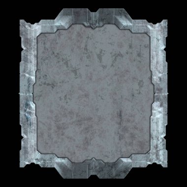 Gelecekçi tasarım şablonu. Metal paslı tabak menüsü. Teknoloji afişi beyaz arkaplanda izole edildi. Bilim kurgu elemanı grafiği. Metalik paslanmış 3 boyutlu illüstrasyon.  