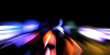 Güzel canlı renklerle enerji patlaması. Siyah arkaplanda izole edilmiş dinamik ışık ışınları. Parlayan renkli ışık parçacıklarının grafiksel 2D çizimi. Parlak tasarım şablonu.