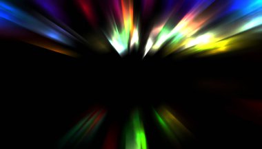Siyah arkaplanda izole edilmiş dinamik ışık ışınları. Parlayan renkli ışık parçacıklarının grafiksel 2d çizimi.