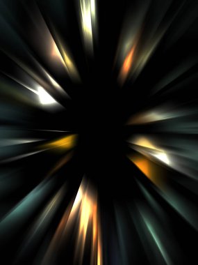 Siyah arkaplanda izole edilmiş dinamik ışık ışınları. Parlayan renkli ışık parçacıklarının grafiksel 2d çizimi.