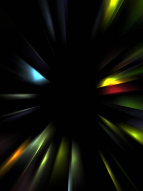 Siyah arkaplanda izole edilmiş dinamik ışık ışınları. Parlayan renkli ışık parçacıklarının grafiksel 2d çizimi.