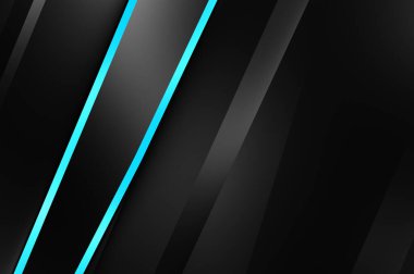 Metin için kopyalama alanı olan soyut siyah paneller. Üç boyutlu illüstrasyon. Renkli ışık özellikli koyu renk tasarım şablonu. Zarif geometrik parlak çizgili arka plan. Minimalist geometrik kapak grafiği.