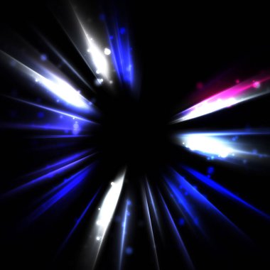 Işık huzmeleri ve parlayan parçacıkların kesiştiği güzel bir zemin. Canlı renkli ışıkların duvar kâğıdı. Parlak ışık görüntüsü.