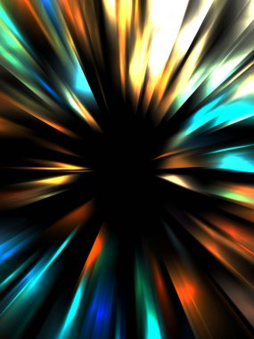 Siyah arkaplanda izole edilmiş dinamik ışık ışınları. Parlayan renkli ışık parçacıklarının grafiksel 2d çizimi.