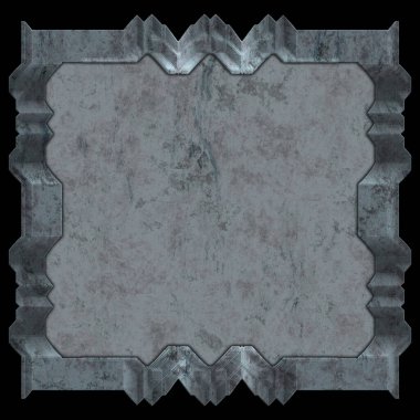 Gelecekçi tasarım şablonu. Metal paslı tabak menüsü. Teknoloji afişi beyaz arkaplanda izole edildi. Bilim kurgu elemanı grafiği. Metalik paslanmış 3 boyutlu illüstrasyon.  