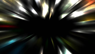 Siyah arkaplanda izole edilmiş dinamik ışık ışınları. Parlayan renkli ışık parçacıklarının grafiksel 2d çizimi.