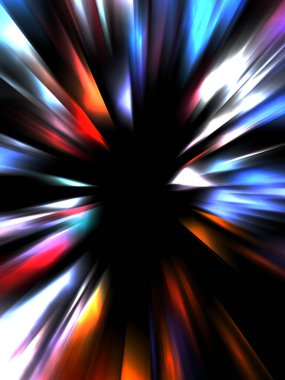 Siyah arkaplanda izole edilmiş dinamik ışık ışınları. Parlayan renkli ışık parçacıklarının grafiksel 2d çizimi.