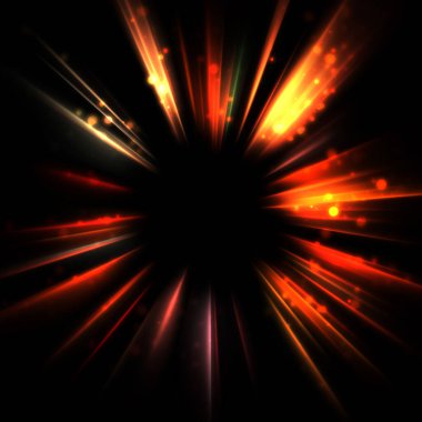 Işık huzmeleri ve parlayan parçacıkların kesiştiği güzel bir zemin. Canlı renkli ışıkların duvar kâğıdı. Parlak ışık görüntüsü.