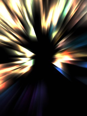 Siyah arkaplanda izole edilmiş dinamik ışık ışınları. Parlayan renkli ışık parçacıklarının grafiksel 2d çizimi.