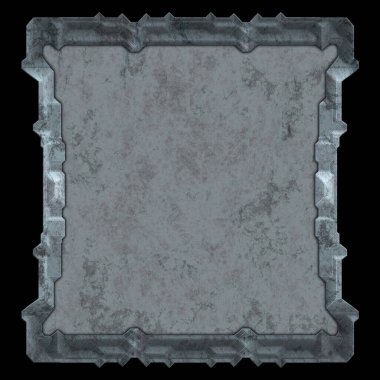 Gelecekçi tasarım şablonu. Metal paslı tabak menüsü. Teknoloji afişi beyaz arkaplanda izole edildi. Bilim kurgu elemanı grafiği. Metalik paslanmış 3 boyutlu illüstrasyon.  