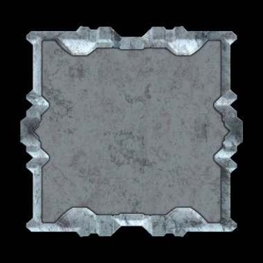 Gelecekçi tasarım şablonu. Metal paslı tabak menüsü. Teknoloji afişi beyaz arkaplanda izole edildi. Bilim kurgu elemanı grafiği. Metalik paslanmış 3 boyutlu illüstrasyon.  