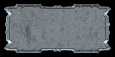 Gelecekçi tasarım şablonu. Metal paslı tabak menüsü. Teknoloji afişi beyaz arkaplanda izole edildi. Bilim kurgu elemanı grafiği. Metalik paslanmış 3 boyutlu illüstrasyon.  