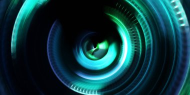 Fotoğraf makinesi konsepti. Soyut arkaplan. Dönen ışık ışınları. Hareketli kavramsal duvar kağıdı. Grafik dijital illüstrasyon. Parlayan neon ışıkları. Parlak sunum tasarım şablonu.