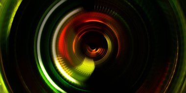 Fotoğraf makinesi konsepti. Soyut arkaplan. Dönen ışık ışınları. Hareketli kavramsal duvar kağıdı. Grafik dijital illüstrasyon. Parlayan neon ışıkları. Parlak sunum tasarım şablonu.