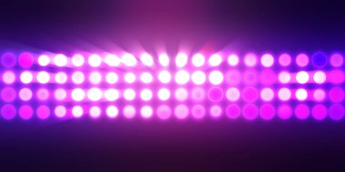 Parlak desenli duvar kağıdı. Sahne ışıkları olan renkli ışıkların ihtişamlı arkaplanı. Parlayan ışıklar siyah arka planda parti izleri. Sahne veya stadyum ışıklarının dijital illüstrasyonu. 