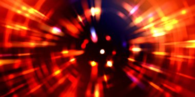 Parlayan ışıkları hareket ettirmenin havalı arka planı. Tasarımınız için canlı renkli bir portal şablonu. Işık ışınları ve hareket halindeki ışıldayan parçacıklar bir solucan deliği şekli oluşturuyor..