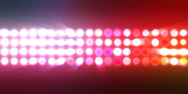 Parlak desenli duvar kağıdı. Sahne ışıkları olan renkli ışıkların ihtişamlı arkaplanı. Parlayan ışıklar siyah arka planda parti izleri. Sahne veya stadyum ışıklarının dijital illüstrasyonu. 