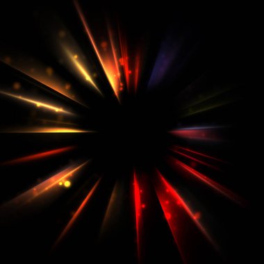 Işık huzmeleri ve parlayan parçacıkların kesiştiği güzel bir zemin. Canlı renkli ışıkların duvar kâğıdı. Parlak ışık görüntüsü.