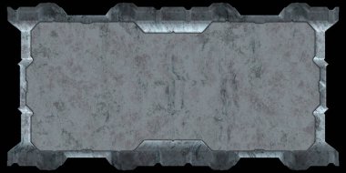 Gelecekçi tasarım şablonu. Metal paslı tabak menüsü. Teknoloji afişi beyaz arkaplanda izole edildi. Bilim kurgu elemanı grafiği. Metalik paslanmış 3 boyutlu illüstrasyon.  