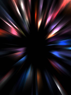 Siyah arkaplanda izole edilmiş dinamik ışık ışınları. Parlayan renkli ışık parçacıklarının grafiksel 2d çizimi.