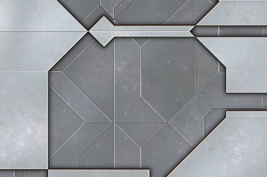 Katmanlı paneller. Fütürist soyut duvar kağıdı. Geometrik teknolojik yansıtıcı arka plan 3D metalik doku. Uzay gemisi desen yüzeyi.