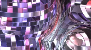 Metalik panel dokusunun 3 boyutlu çizimi. Renkli, parlak, soyut duvar kağıdı. Geometrik teknolojik parlak yansıtıcı arka plan. Yaratıcı parlak kavramsal arkaplan.