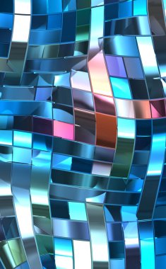 Metalik panel dokusunun 3 boyutlu çizimi. Renkli, parlak, soyut duvar kağıdı. Geometrik teknolojik parlak yansıtıcı arka plan. Yaratıcı parlak kavramsal arkaplan.