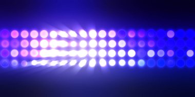 Parlak desenli duvar kağıdı. Sahne ışıkları olan renkli ışıkların ihtişamlı arkaplanı. Parlayan ışıklar siyah arka planda parti izleri. Sahne veya stadyum ışıklarının dijital illüstrasyonu. 