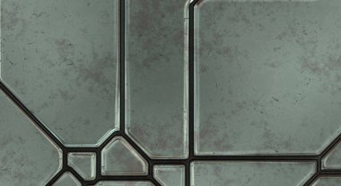 Gelecekçi kavramsal tasarım arka planı. Uzay gemisi desenli duvar kağıdı. Fırçalanmış teknoloji şablonu yüzeyi. Üç boyutlu illüstrasyon. SciFi panelleri duvar.