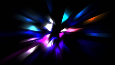 Parlayan ışıkları hareket ettirmenin havalı arka planı. Tasarımınız için canlı renkli bir portal şablonu. Işık ışınları ve hareket halindeki ışıldayan parçacıklar bir solucan deliği şekli oluşturuyor..