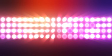 Parlak desenli duvar kağıdı. Sahne ışıkları olan renkli ışıkların ihtişamlı arkaplanı. Parlayan ışıklar siyah arka planda parti izleri. Sahne veya stadyum ışıklarının dijital illüstrasyonu. 