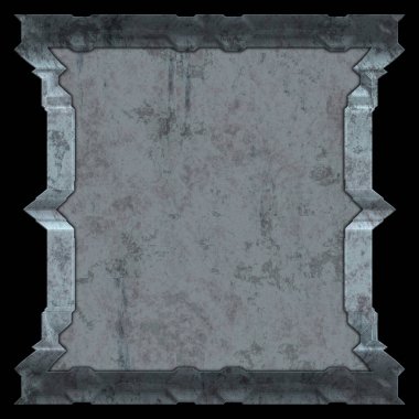 Gelecekçi tasarım şablonu. Metal paslı tabak menüsü. Teknoloji afişi beyaz arkaplanda izole edildi. Bilim kurgu elemanı grafiği. Metalik paslanmış 3 boyutlu illüstrasyon.  