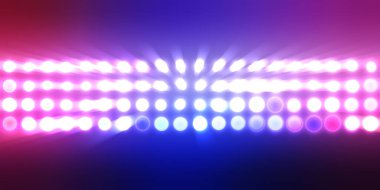 Parlak desenli duvar kağıdı. Sahne ışıkları olan renkli ışıkların ihtişamlı arkaplanı. Parlayan ışıklar siyah arka planda parti izleri. Sahne veya stadyum ışıklarının dijital illüstrasyonu. 