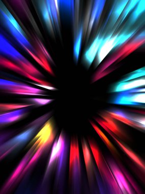 Siyah arkaplanda izole edilmiş dinamik ışık ışınları. Parlayan renkli ışık parçacıklarının grafiksel 2d çizimi.