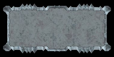 Gelecekçi tasarım şablonu. Metal paslı tabak menüsü. Teknoloji afişi beyaz arkaplanda izole edildi. Bilim kurgu elemanı grafiği. Metalik paslanmış 3 boyutlu illüstrasyon.  