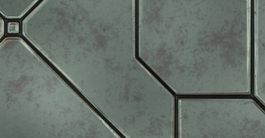 Gelecekçi kavramsal tasarım arka planı. Uzay gemisi desenli duvar kağıdı. Fırçalanmış teknoloji şablonu yüzeyi. Üç boyutlu illüstrasyon. SciFi panelleri duvar.