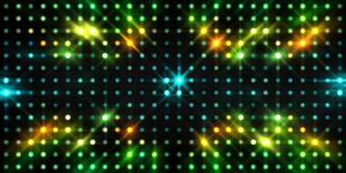 Parlayan ışıklar siyah arka planda parti izleri. Sahne veya stadyum ışıklarının dijital illüstrasyonu. Parlak desenli duvar kağıdı. Sahne ışıkları ile renkli ışıkların ihtişamlı arkaplanı. 